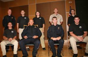  Graduates of GNTC’s Basic Law Enforcement Training class #201401 are: Back row (from left to right) Robert T. White, Joshua  W. VanDyke, Tisha M. Owens, James D. Holland, and Robin W. Graham. Front Row (from left to right) James T. Davis, Matthew F. Cowan, Matthew B. Byars, and Marcus J. Alford 